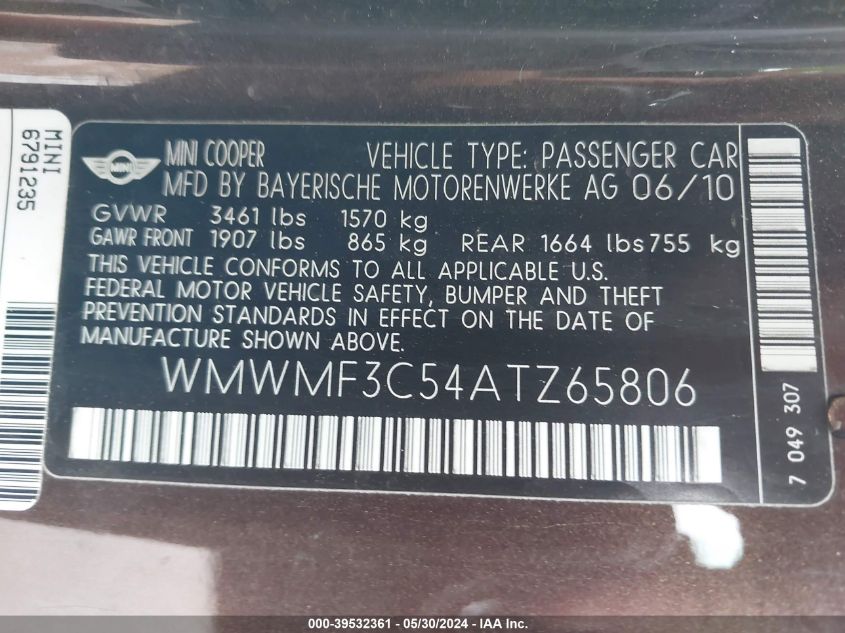 2010 Mini Cooper VIN: WMWMF3C54ATZ65806 Lot: 39532361