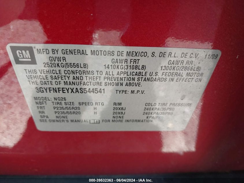 2010 Cadillac Srx Premium Collection VIN: 3GYFNFEYXAS544541 Lot: 39532363