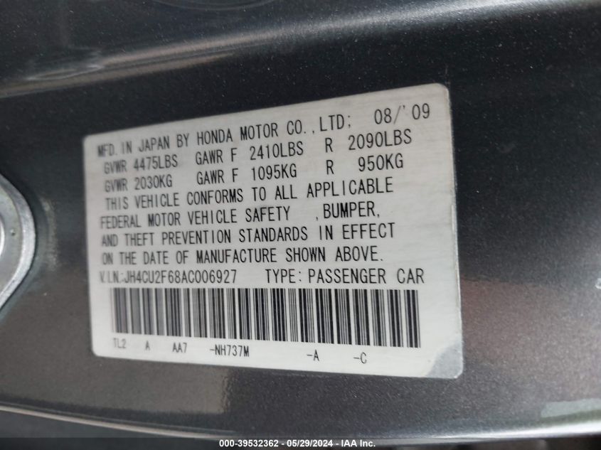 2010 Acura Tsx 2.4 VIN: JH4CU2F68AC006927 Lot: 39532362