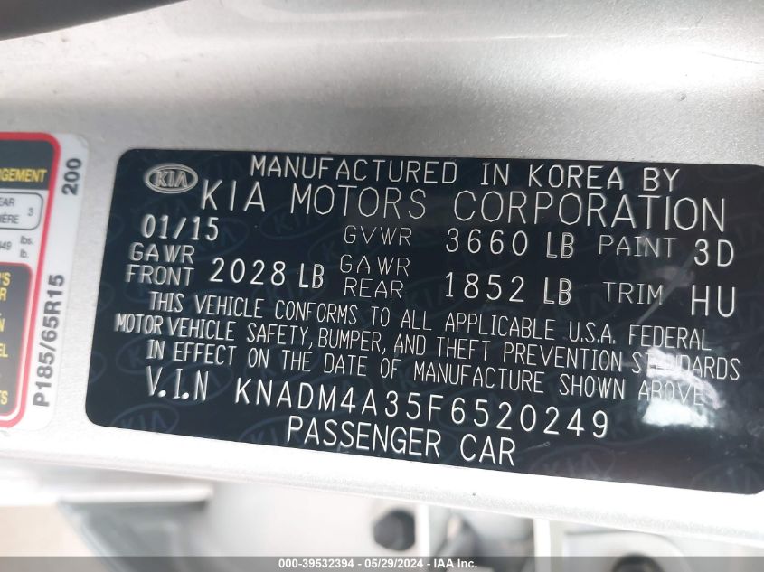 2015 Kia Rio Lx VIN: KNADM4A35F6520249 Lot: 39532394