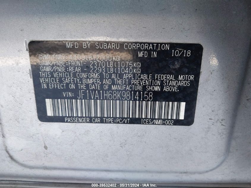 2019 Subaru Wrx Limited VIN: JF1VA1H68K9814158 Lot: 39532402
