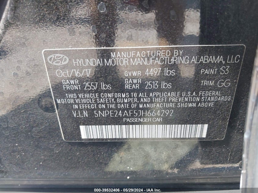 2018 Hyundai Sonata Se VIN: 5NPE24AF5JH664292 Lot: 39532406