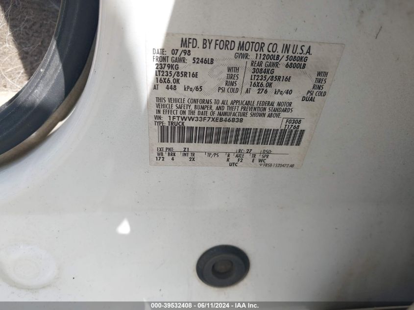 1999 Ford F-350 Lariat/Xl/Xlt VIN: 1FTWW33F7XEB46838 Lot: 39532408