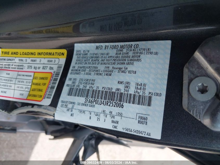 VIN 3FA6P0LU4JR252006 2018 FORD FUSION HYBRID SE