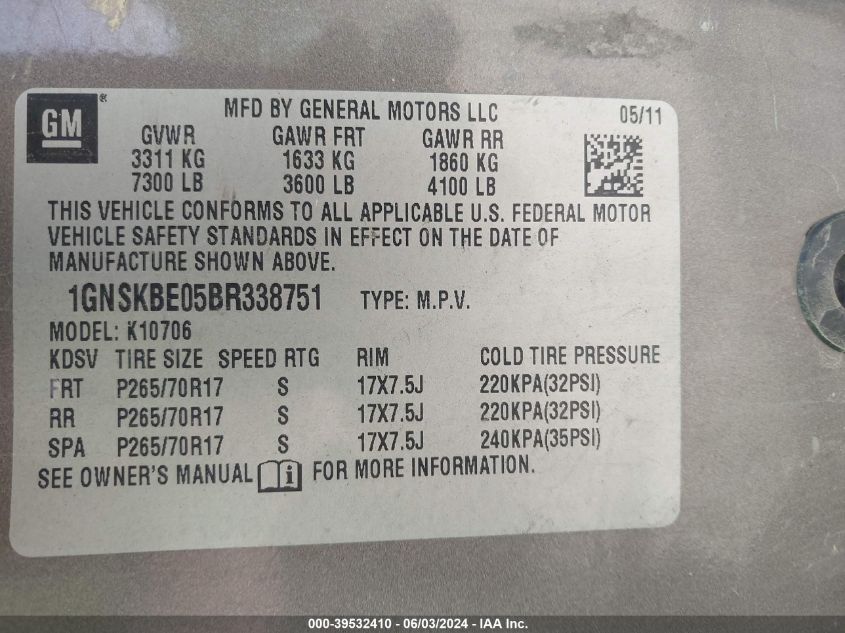 2011 Chevrolet Tahoe Lt VIN: 1GNSKBE05BR338751 Lot: 39532410