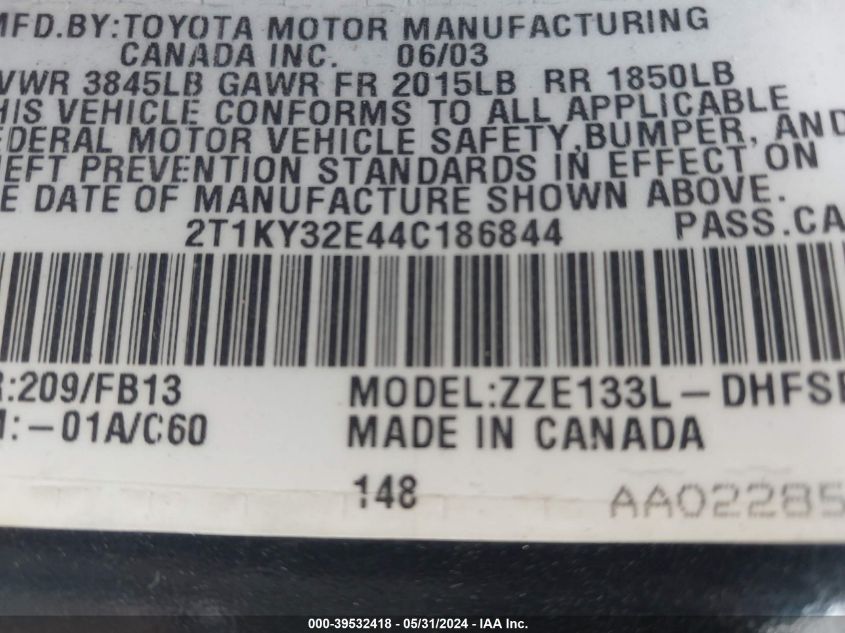 2004 Toyota Matrix Xrs VIN: 2T1KY32E44C186844 Lot: 39532418