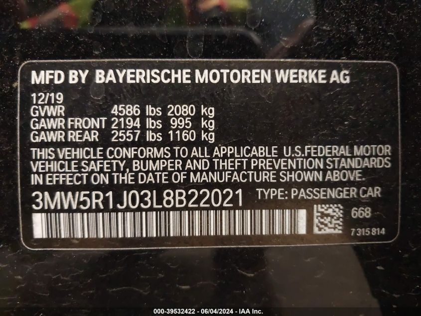 2020 BMW 330I VIN: 3MW5R1J03L8B22021 Lot: 39532422