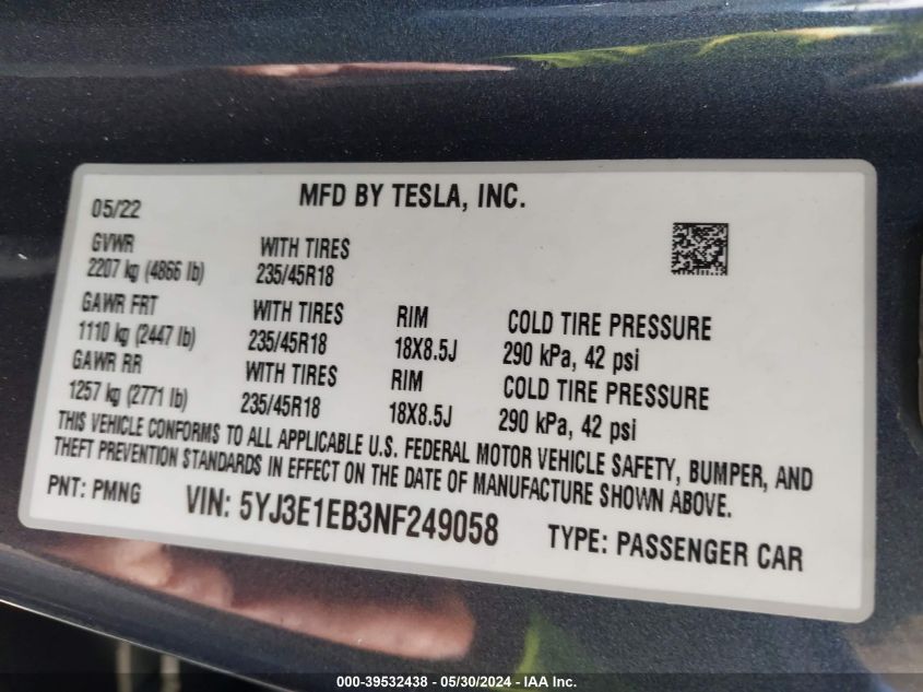 2022 Tesla Model 3 Long Range Dual Motor All-Wheel Drive VIN: 5YJ3E1EB3NF249058 Lot: 39532438