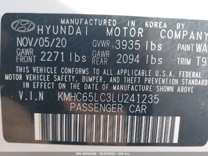 2020 Hyundai Ioniq Hybrid Blue VIN: KMHC65LC3LU241235 Lot: 39532449