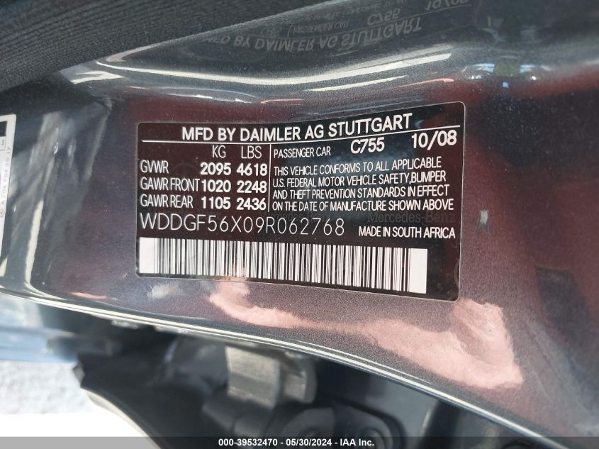 2009 Mercedes-Benz C 350 Sport VIN: WDDGF56X09R062768 Lot: 39532470