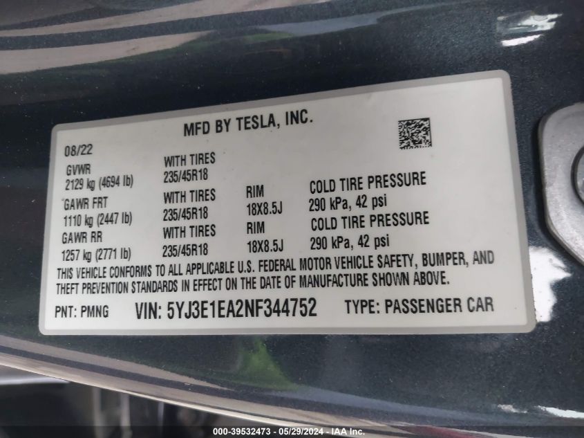 2022 Tesla Model 3 Rear-Wheel Drive VIN: 5YJ3E1EA2NF344752 Lot: 39532473