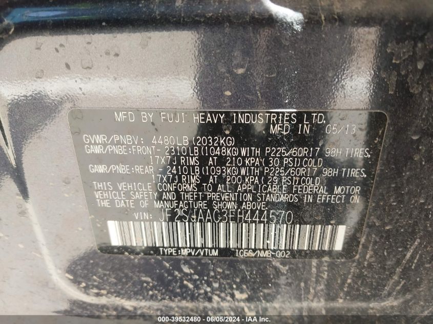 2014 Subaru Forester 2.5I VIN: JF2SJAAC3EH444570 Lot: 39532480