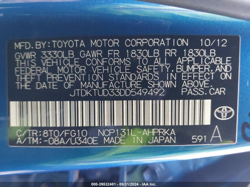 2013 Toyota Yaris Le VIN: JTDKTUD33DD549492 Lot: 39532481