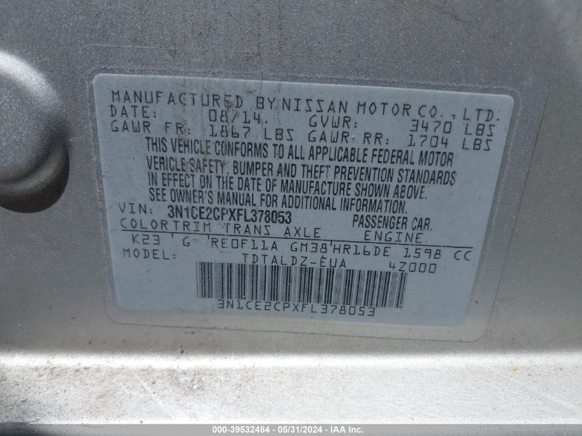 2015 Nissan Versa Note S (Sr)/S Plus/Sl/Sr/Sv VIN: 3N1CE2CPXFL378053 Lot: 39532484