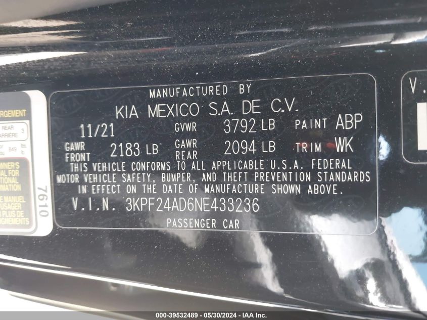 2022 Kia Forte Lxs VIN: 3KPF24AD6NE433236 Lot: 39532489