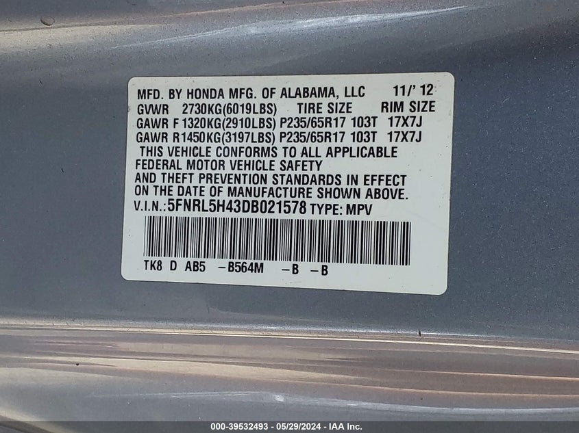 2013 Honda Odyssey Ex VIN: 5FNRL5H43DB021578 Lot: 39532493