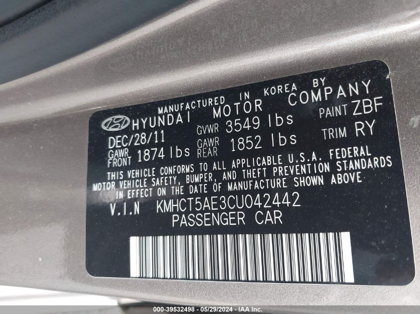 2012 Hyundai Accent Gs VIN: KMHCT5AE3CU042442 Lot: 39532498