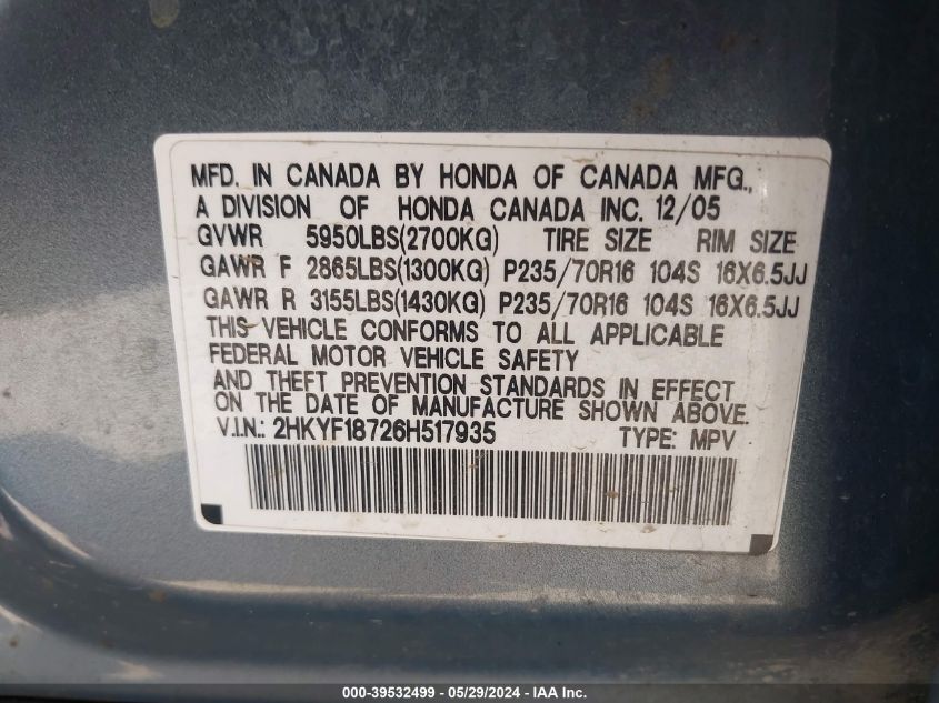 2006 Honda Pilot Ex-L VIN: 2HKYF18726H517935 Lot: 39532499