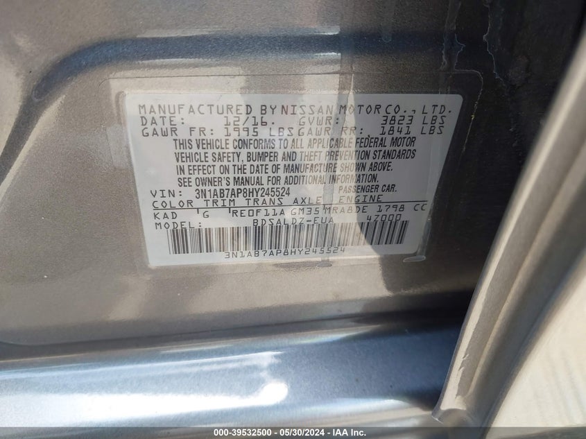 2017 Nissan Sentra Sv VIN: 3N1AB7AP8HY245524 Lot: 39532500