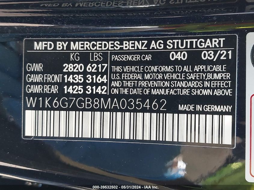 2021 Mercedes-Benz S 580 4Matic VIN: W1K6G7GB8MA035462 Lot: 39532502