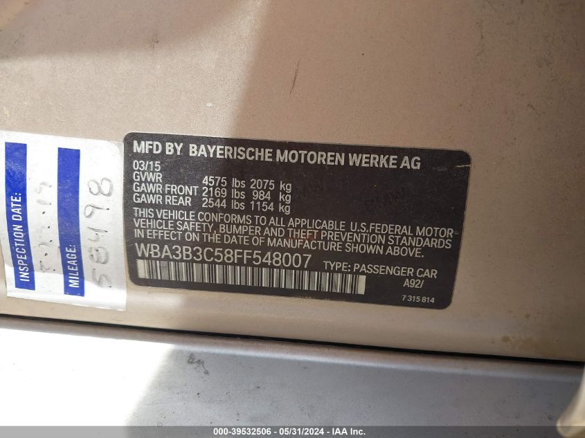 2015 BMW 328I xDrive VIN: WBA3B3C58FF548007 Lot: 39532506