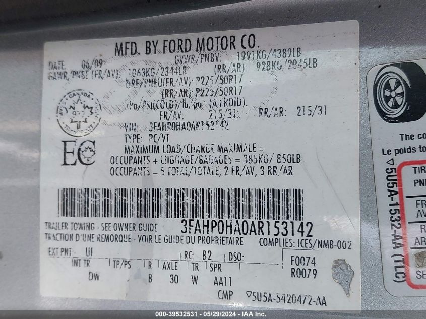 2010 Ford Fusion Se VIN: 3FAHP0HA0AR153142 Lot: 39532531