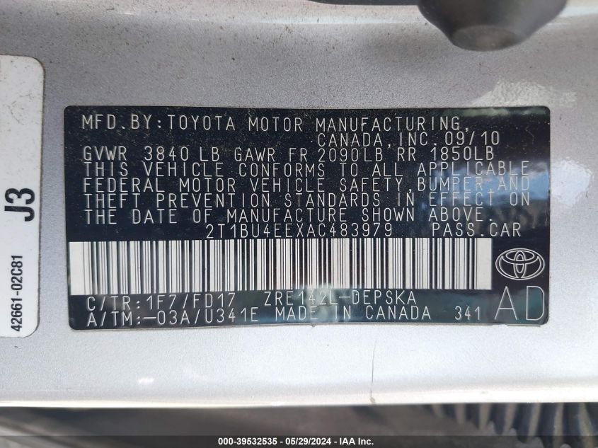 2010 Toyota Corolla S VIN: 2T1BU4EEXAC483979 Lot: 39532535