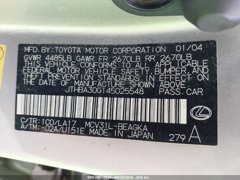 2004 Lexus Es 330 VIN: JTHBA30G145025548 Lot: 39532534