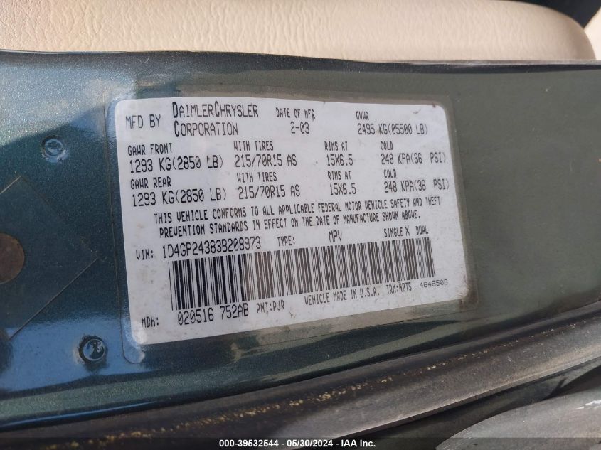 2003 Dodge Grand Caravan Se VIN: 1D4GP24383B208973 Lot: 39532544