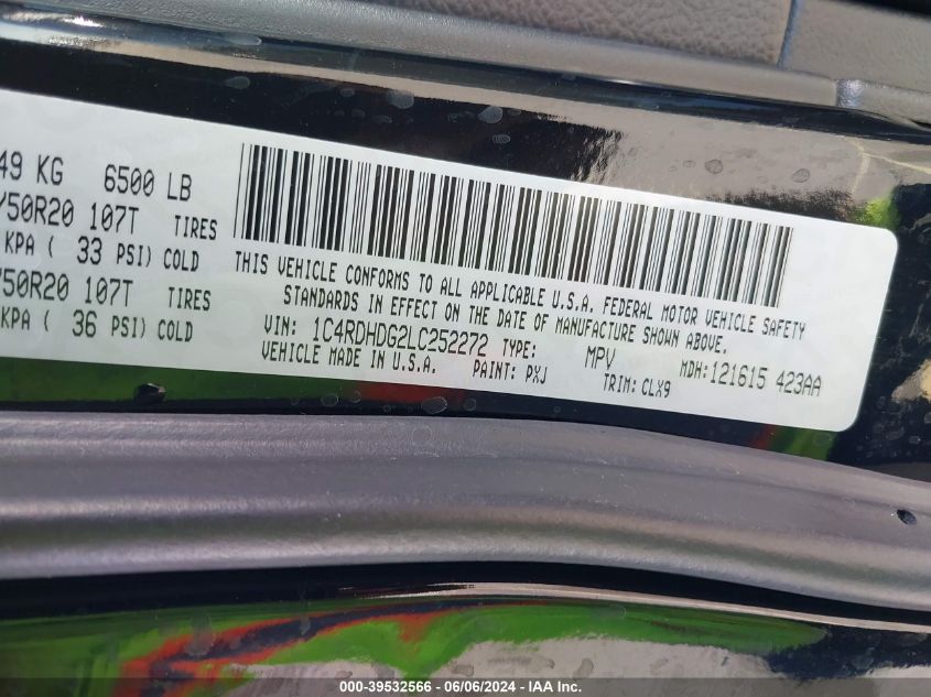 2020 Dodge Durango Gt Plus Rwd VIN: 1C4RDHDG2LC252272 Lot: 39532566