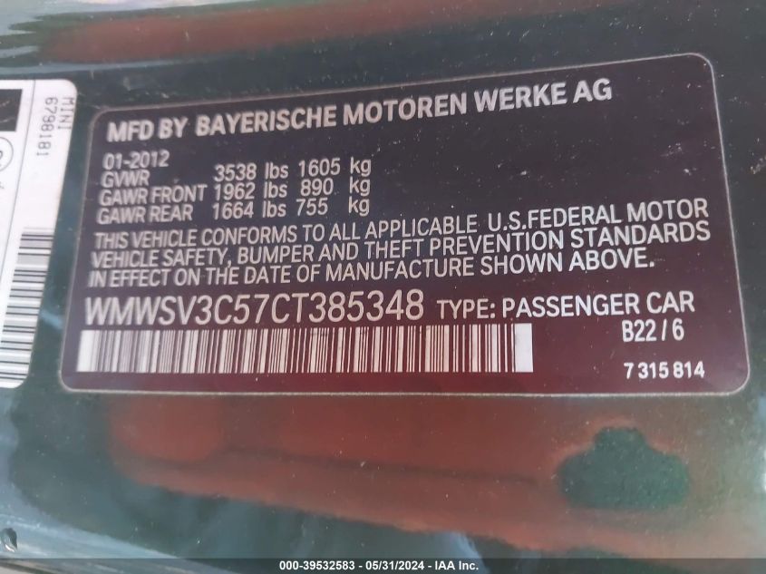 2012 Mini Cooper S VIN: WMWSV3C57CT385348 Lot: 39532583