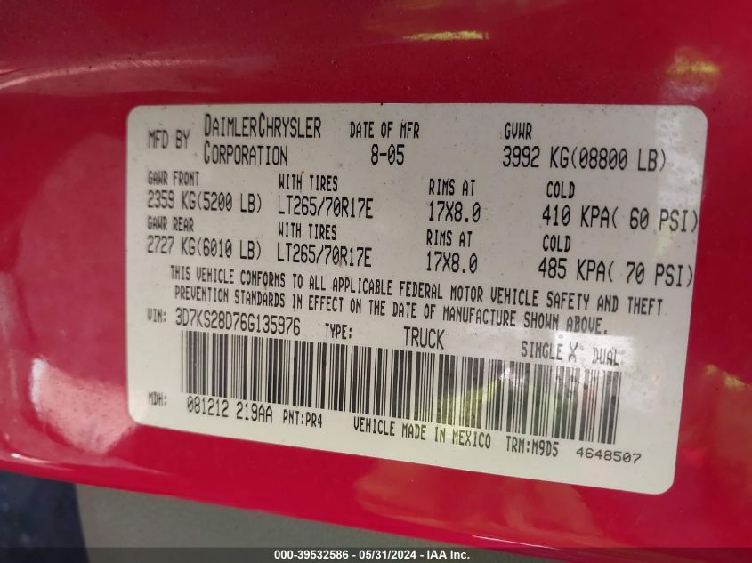2006 Dodge Ram 2500 Slt/Trx4 Off Road/Sport/Power Wagon VIN: 3D7KS28D76G135976 Lot: 39532586
