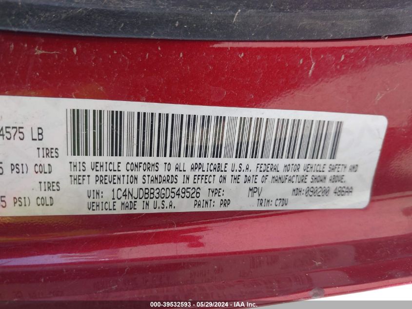 2016 Jeep Compass Sport VIN: 1C4NJDBB3GD549526 Lot: 39532593