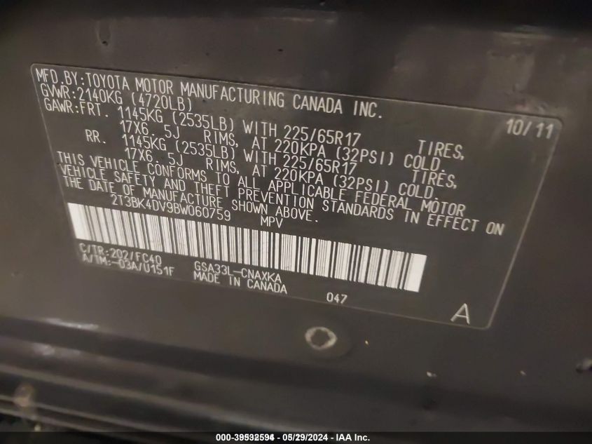 2011 Toyota Rav4 Base V6 VIN: 2T3BK4DV9BW060759 Lot: 39532594