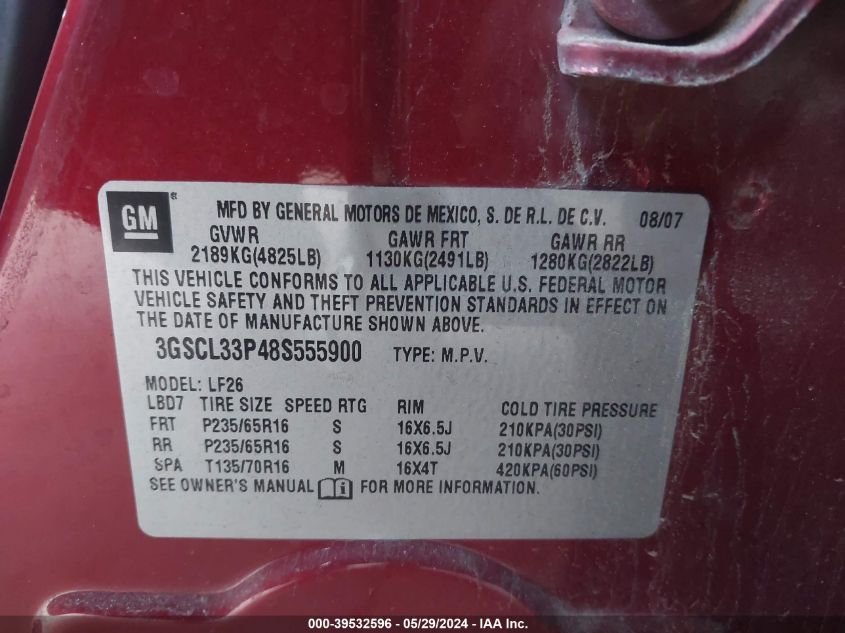 2008 Saturn Vue 4-Cyl Xe VIN: 3GSCL33P48S555900 Lot: 39532596