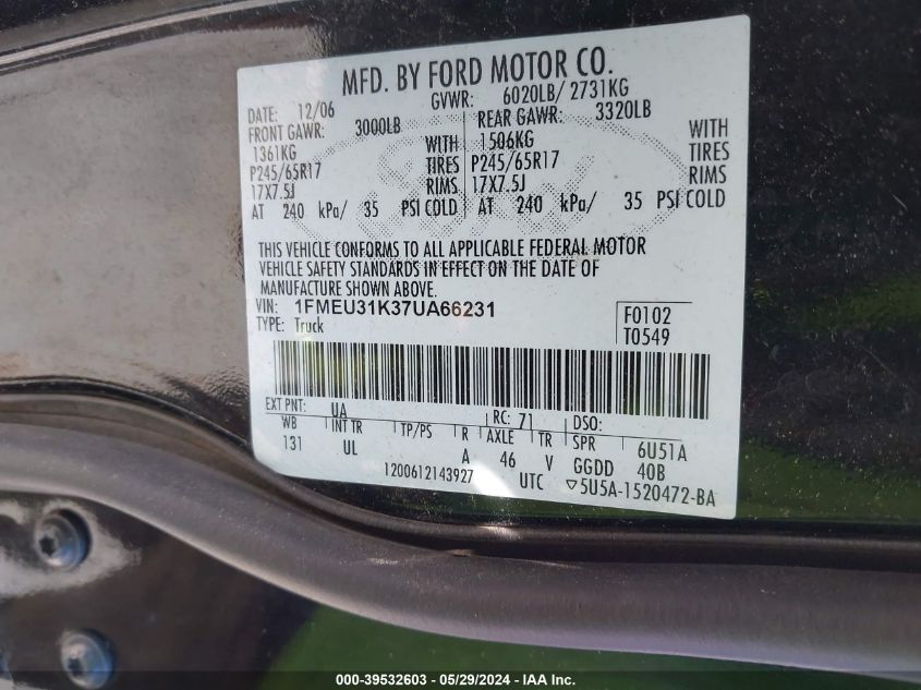 2007 Ford Explorer Sport Trac Xlt VIN: 1FMEU31K37UA66231 Lot: 39532603