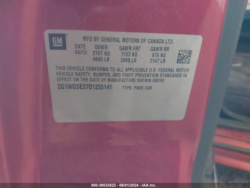 2013 Chevrolet Impala Lt VIN: 2G1WG5E37D1255141 Lot: 39532622