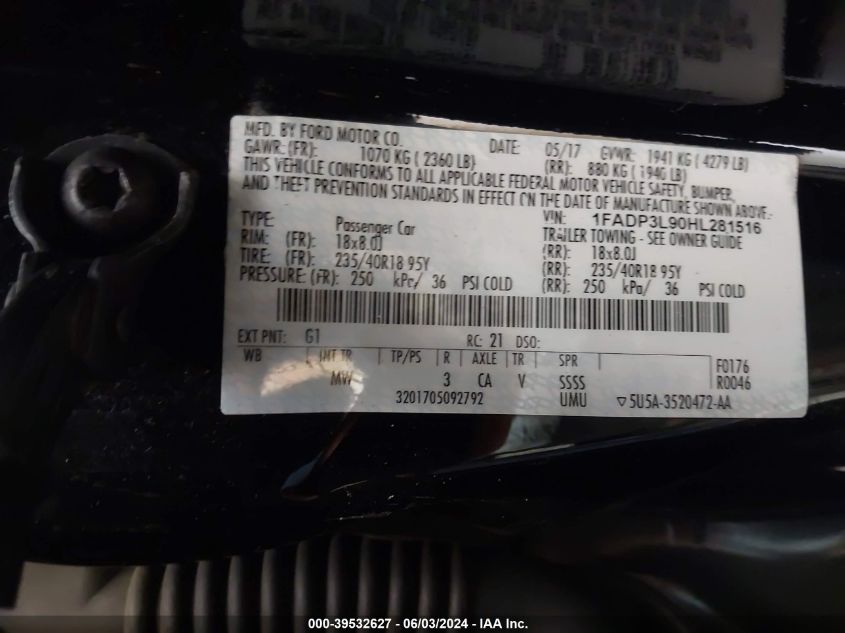 2017 Ford Focus St VIN: 1FADP3L90HL281516 Lot: 39532627
