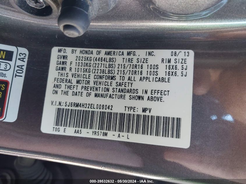 2014 Honda Cr-V Lx VIN: 5J6RM4H32EL009042 Lot: 39532632