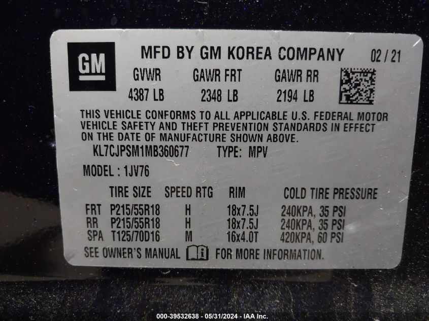 2021 Chevrolet Trax Awd Lt VIN: KL7CJPSM1MB360677 Lot: 39532638