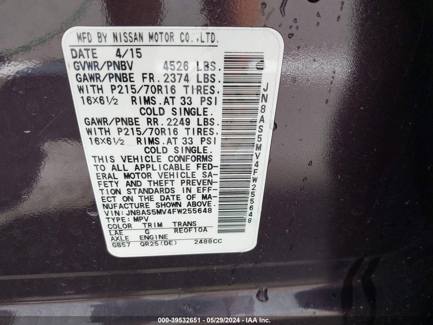 2015 Nissan Rogue Select S VIN: JN8AS5MV4FW255648 Lot: 39532651