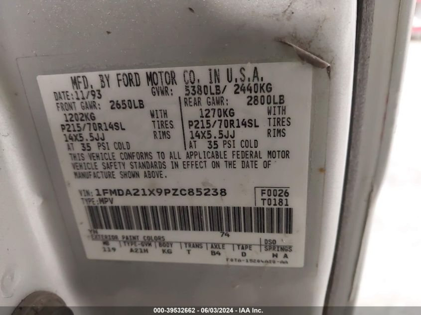 1993 Ford Aerostar VIN: 1FMDA21X9PZC85238 Lot: 39532662