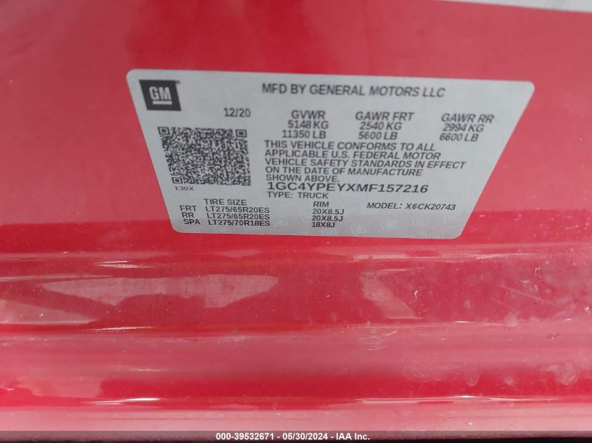 2021 Chevrolet Silverado 2500Hd 4Wd Standard Bed Ltz VIN: 1GC4YPEYXMF157216 Lot: 39532671