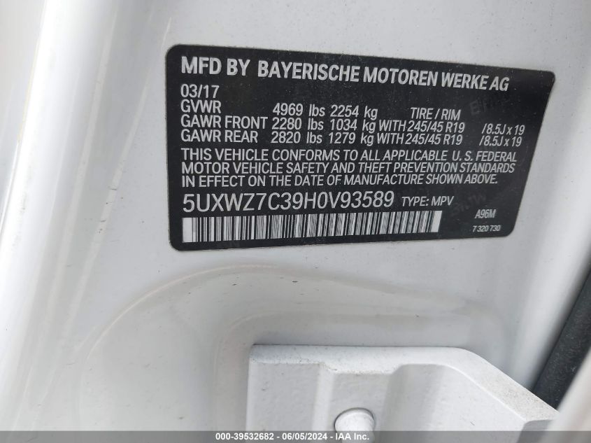 2017 BMW X3 Sdrive28I VIN: 5UXWZ7C39H0V93589 Lot: 39532682