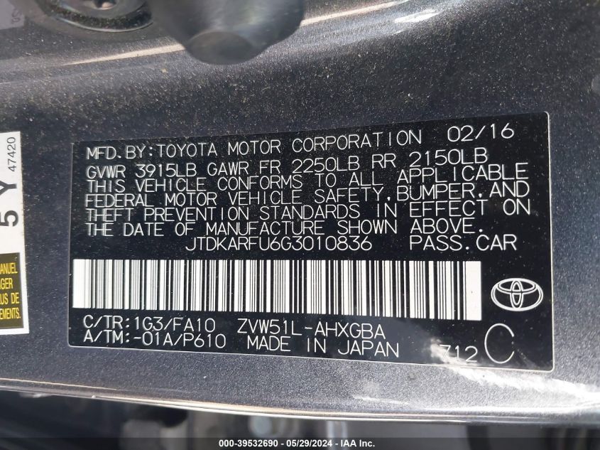 2016 Toyota Prius Three VIN: JTDKARFU6G3010836 Lot: 39532690