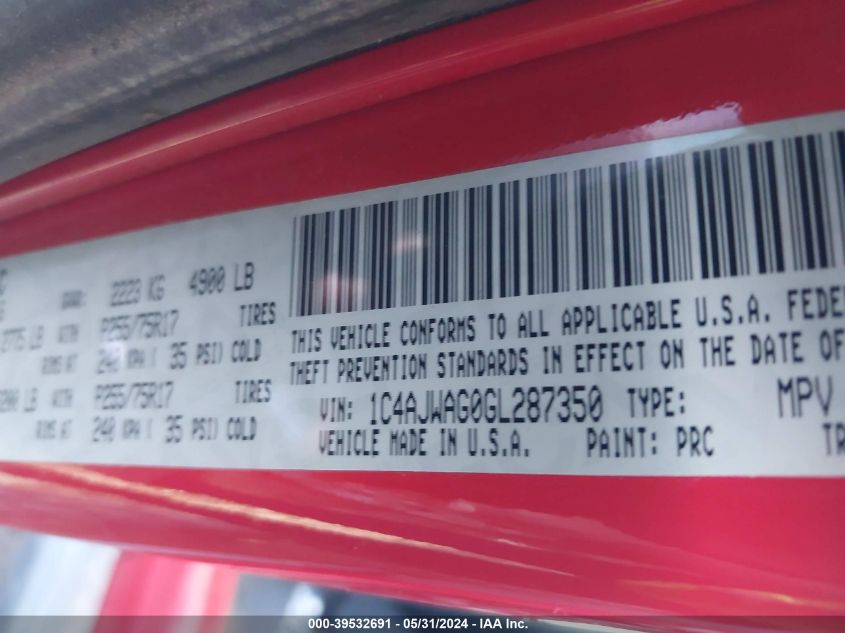 2016 Jeep Wrangler Sport VIN: 1C4AJWAG0GL287350 Lot: 43096342