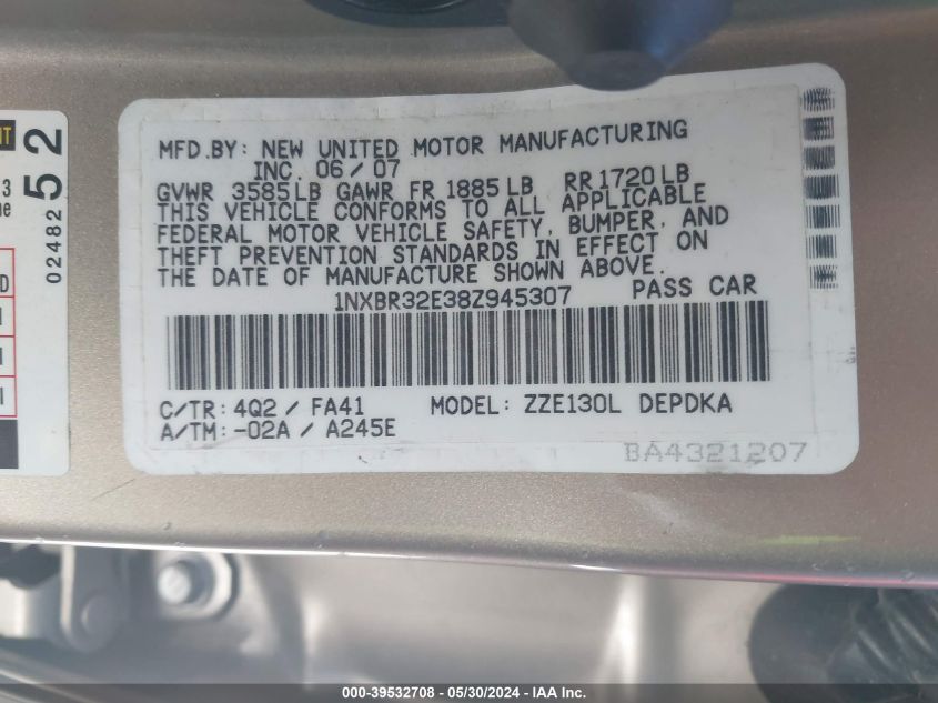 2008 Toyota Corolla Ce VIN: 1NXBR32E38Z945307 Lot: 39532708