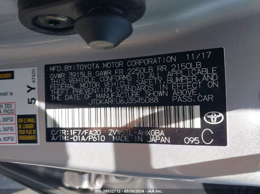 2018 Toyota Prius Three VIN: JTDKARFU6J3545088 Lot: 39532712