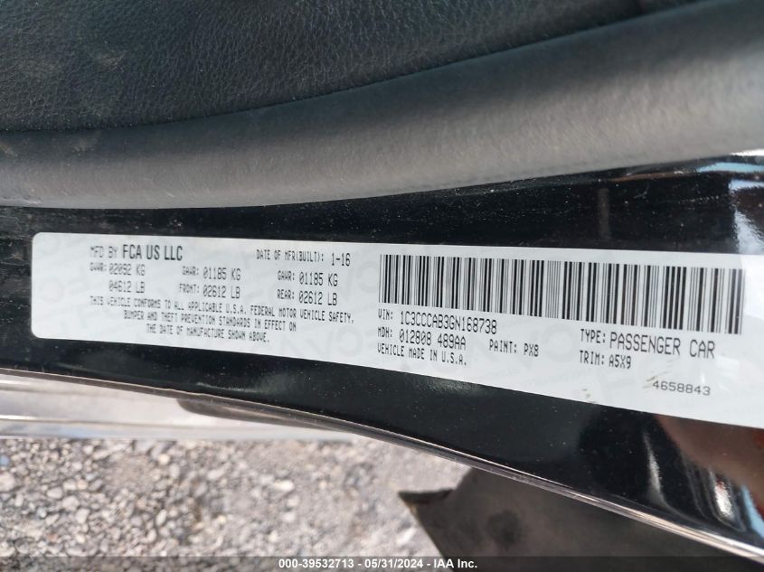 2016 Chrysler 200 Limited VIN: 1C3CCCAB3GN168738 Lot: 39532713