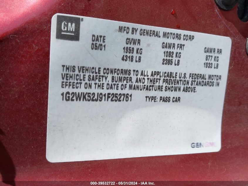 2001 Pontiac Grand Prix Se VIN: 1G2WK52J91F252761 Lot: 39532722